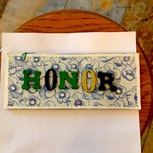 Handmade By Me, Tile Art, 12 Ins By 4 Inches “Honor” Floral Background, Blue